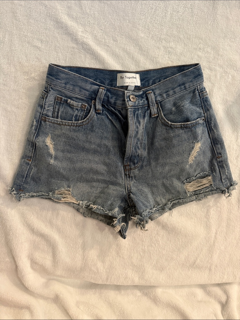 By Together Distressed Cutoff Denim Shorts in Blue Wash